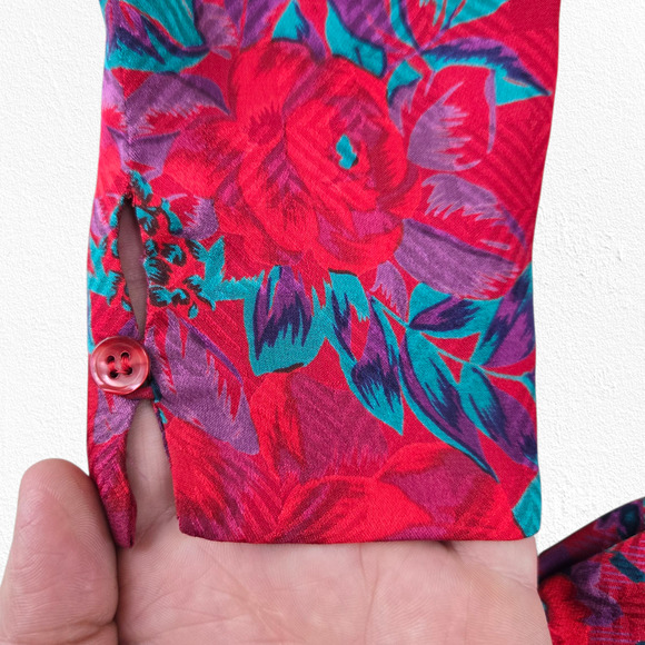 Vintage 80s Halston III Silk Floral Plaid Dress Red Pink Teal Belted Midi Size 4 - Picture 8 of 16